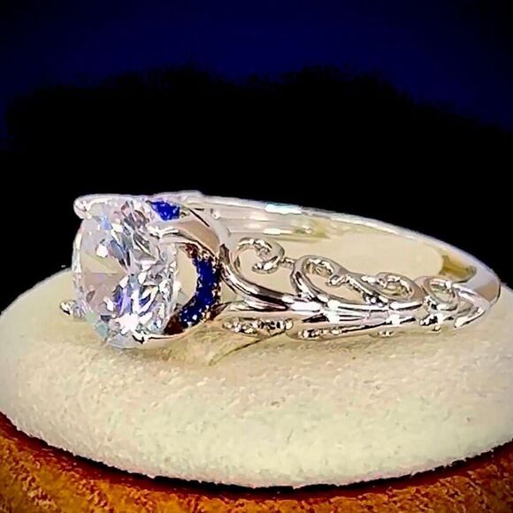 Sterling Silver Swirl Design Clear and Blue CZ Ring New - Picture 5 of 8
